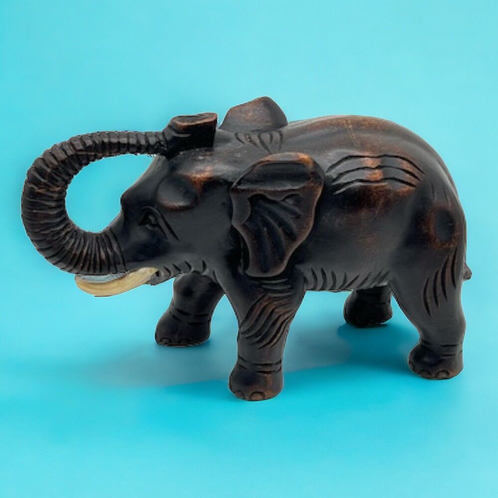 1950s Wooden Elephant Hand Carved 6x9" Detailed Art Sculpture Vintage Figurine